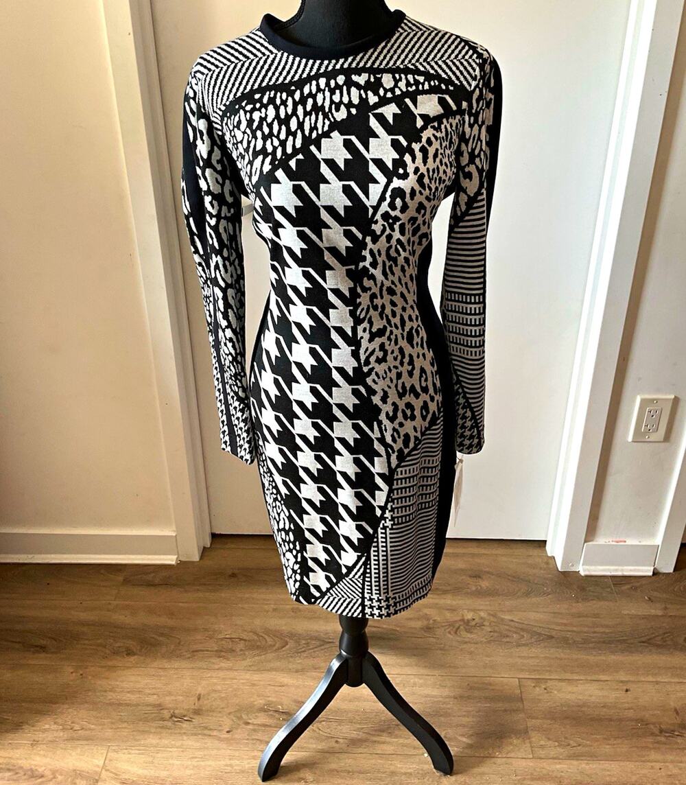 Joseph Ribkoff Black White Geometric Sheath Dress 3/4 Sleeve Zip Back Sz 14